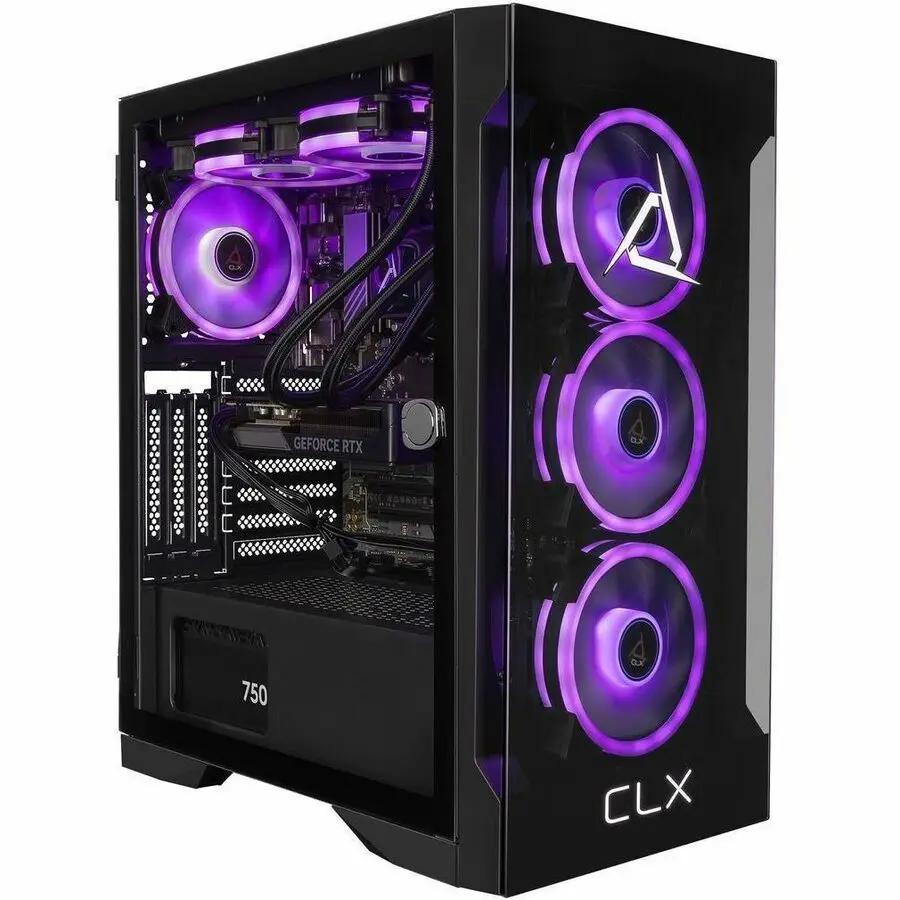 CLX SET Desktop computer with glass side panel and three purple RGB fans, GeForce RTX GPU visible.