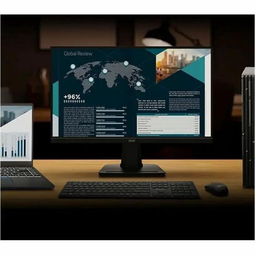 MSI PRO MP225V 21-inch FHD monitor on desk with laptop, desktop tower, keyboard, and mouse