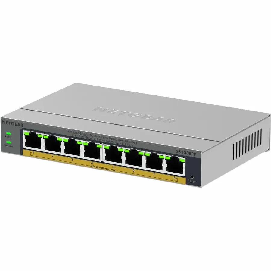 NETGEAR GS108EP 8-Port PoE+ managed switch in gray metal housing with LED indicators
