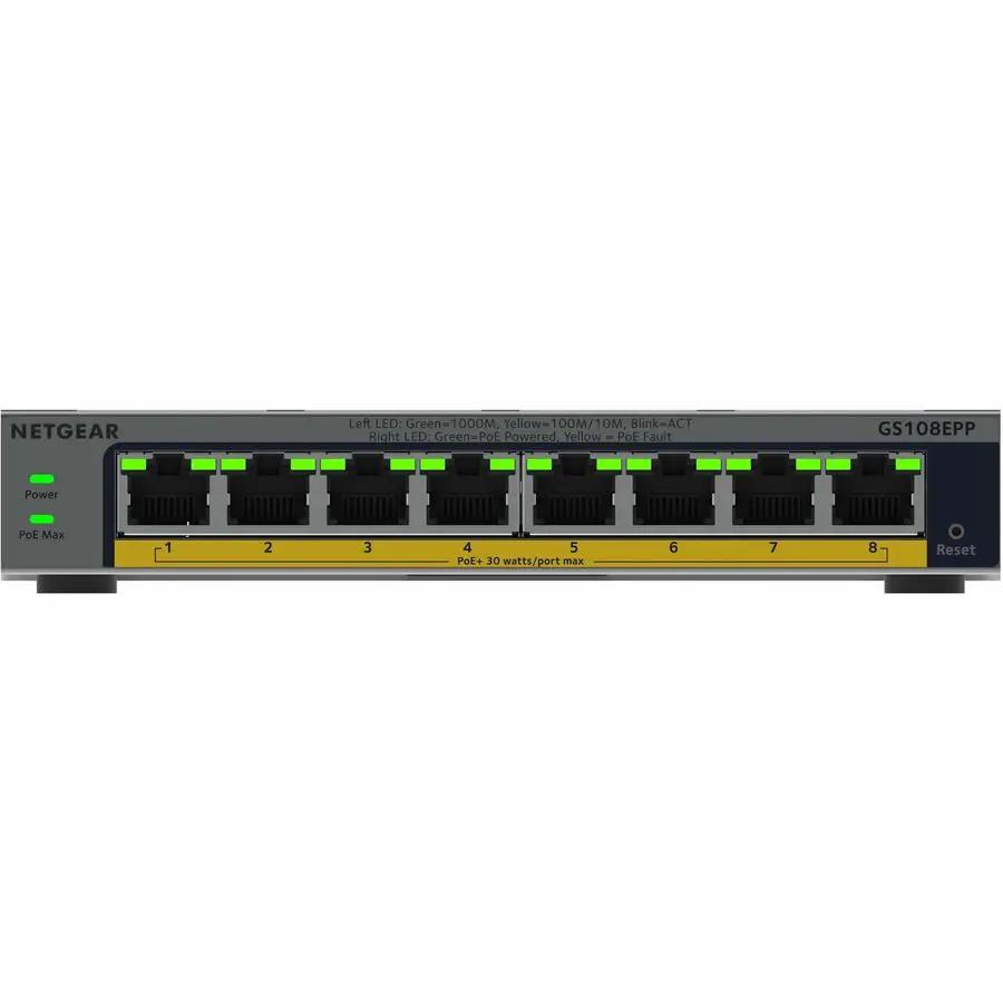Netgear GS108EP 8-Port PoE+ Managed Switch with gray chassis and green LEDs