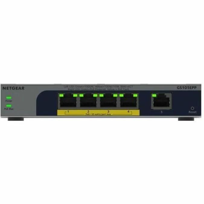 Netgear Easy Smart 5-Port Gigabit PoE+ Managed Switch, gray metal front with five Ethernet ports.