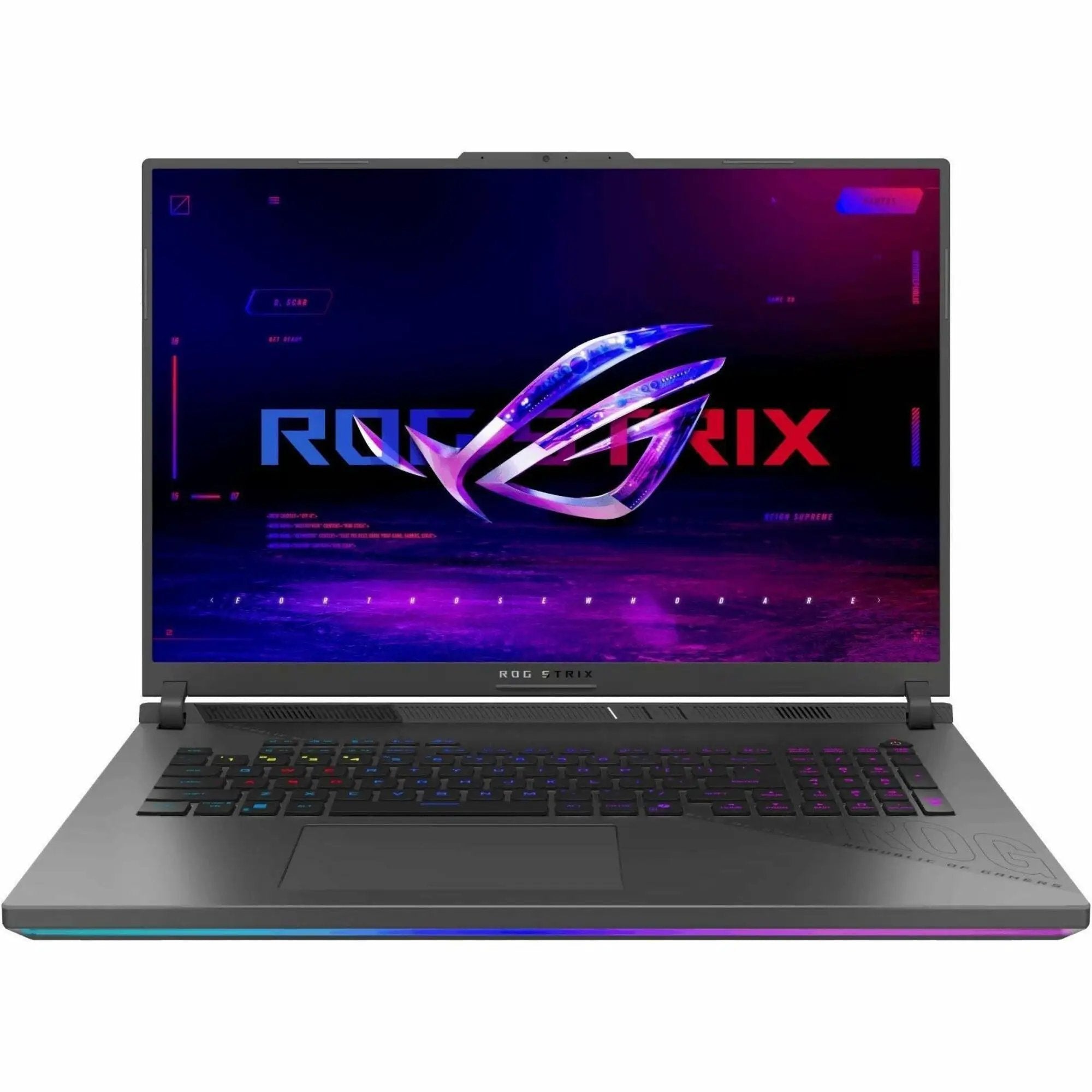 ASUS ROG Strix G18 gaming laptop with 18-inch display and RGB keyboard on dark gray chassis