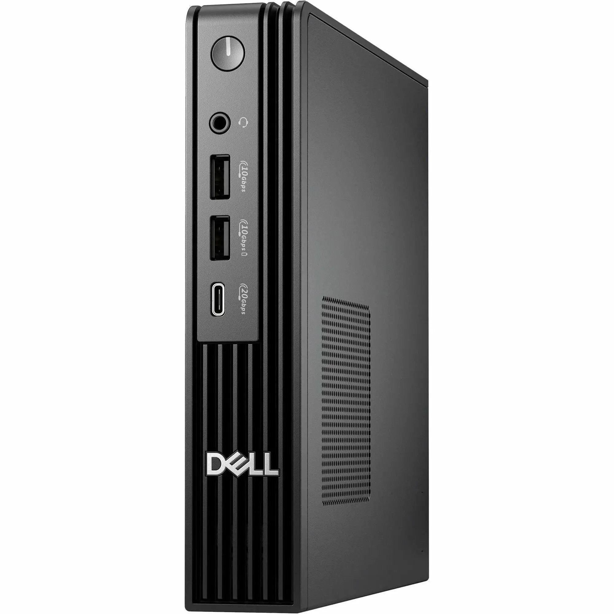 Dell QBM1250 Pro Micro Plus Desktop computer, black, front view with USB ports, headphone jack, and power button.