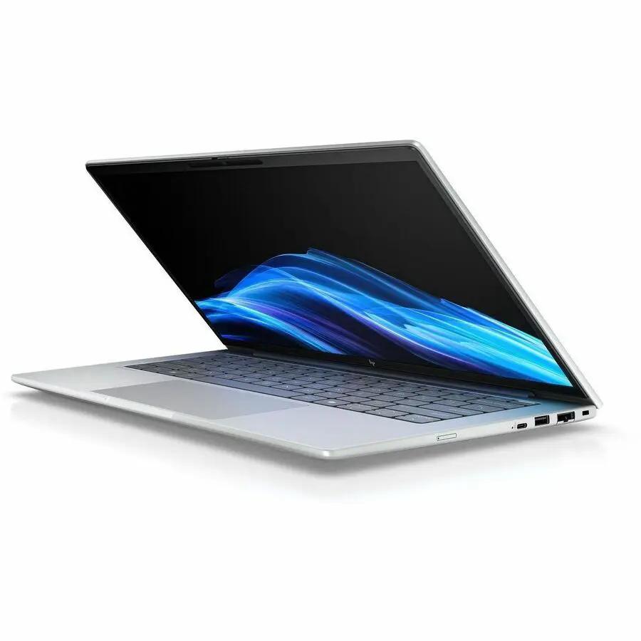 HP EliteBook 16 laptop in silver, open display with blue wallpaper, 16GB RAM, 512GB SSD