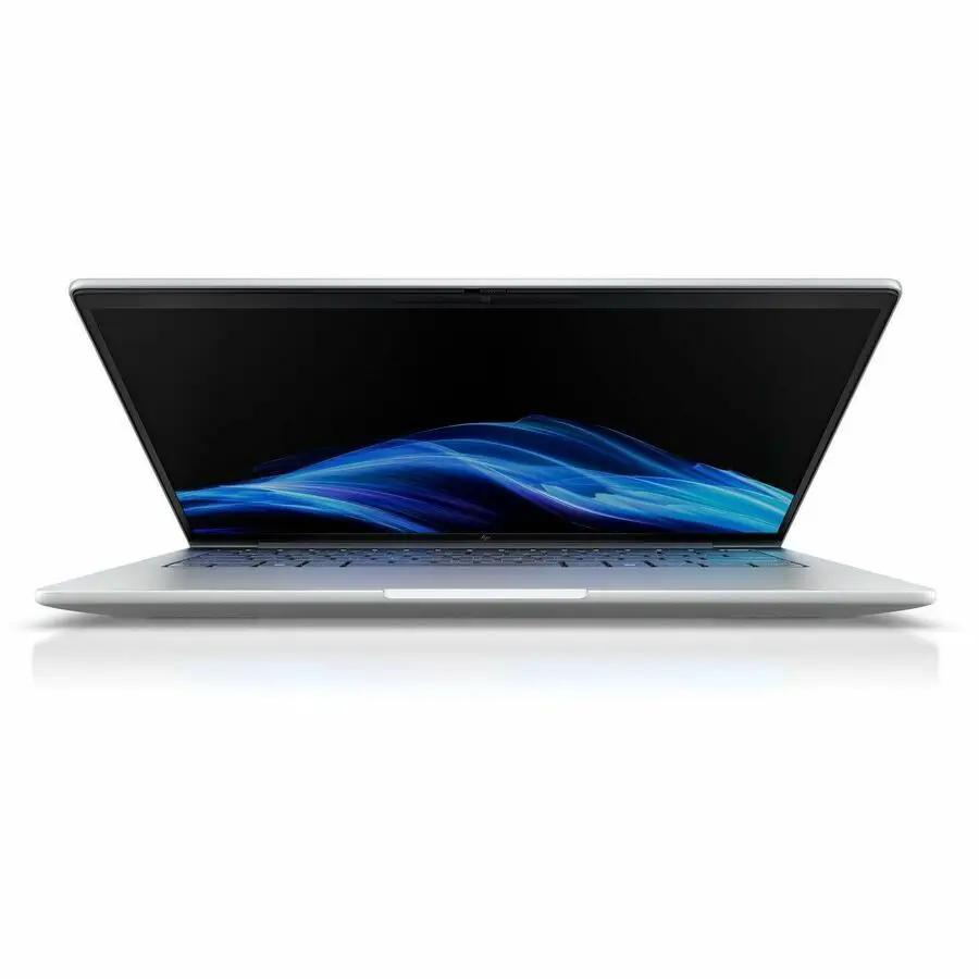 HP EliteBook 16 laptop, silver body, open with blue wallpaper.