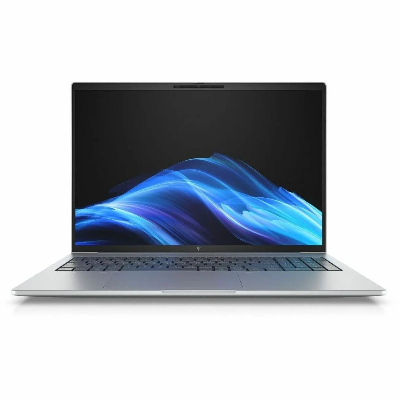 HP EliteBook 16 All-in-One laptop, silver aluminum chassis, open with blue wallpaper.