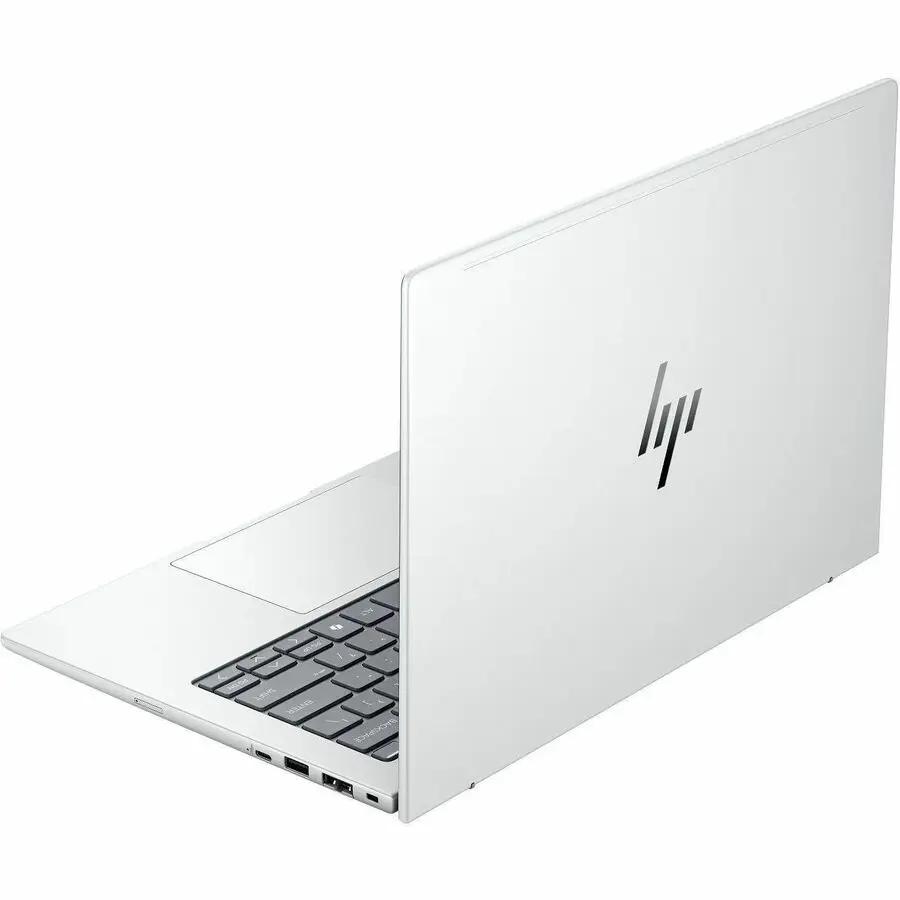 HP EliteBook 16 All-in-One Laptop, white/silver, opened with HP logo on lid and side ports visible