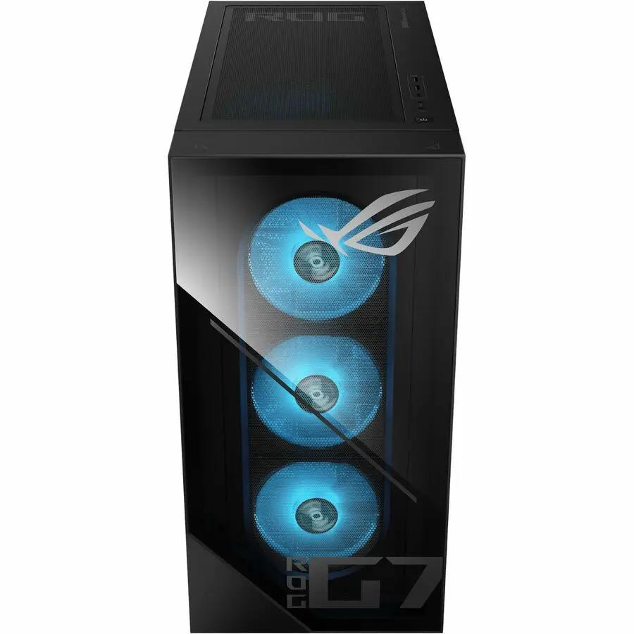 ASUS ROG G700 gaming PC tower, black with glass side panel and three blue LED fans