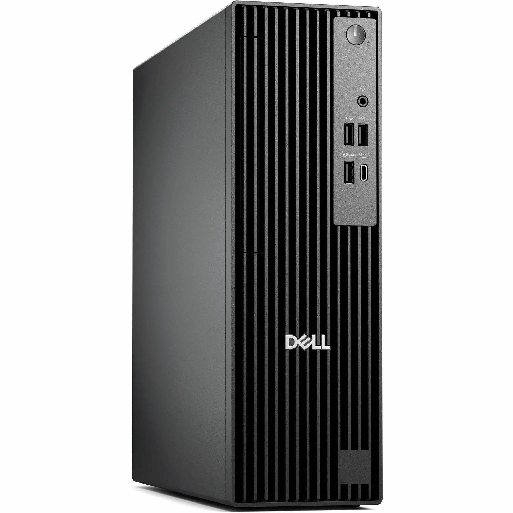 Dell Pro Slim QCS1250 Desktop tower in black with a vertical vented front panel and USB ports