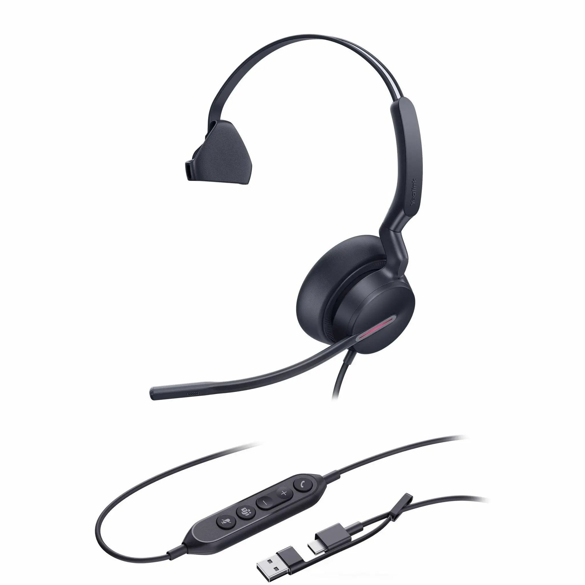 Headset Yealink UH46 Mono MS USB-C A, black over-ear with boom mic and inline controls; USB-A and USB-C connectors shown