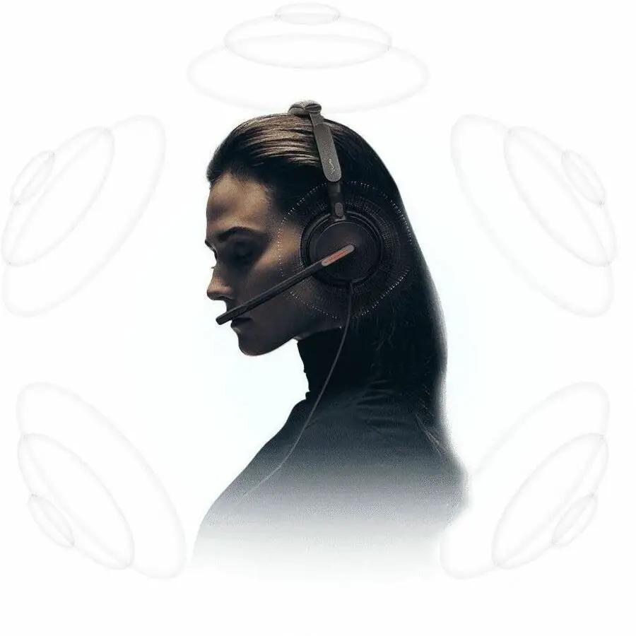 Yealink UH46 Mono MS USB-C A headset worn by a person, black single-ear headset with boom mic.
