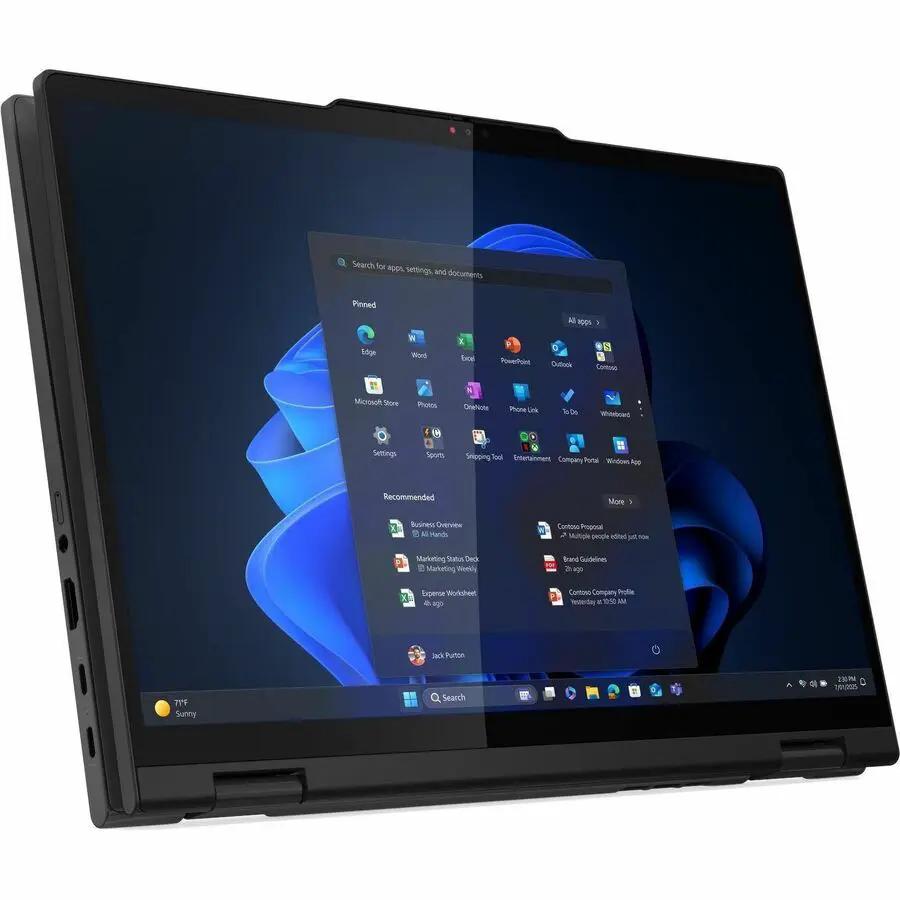 Lenovo ThinkPad T14s 2-in-1 laptop in tent mode, black chassis