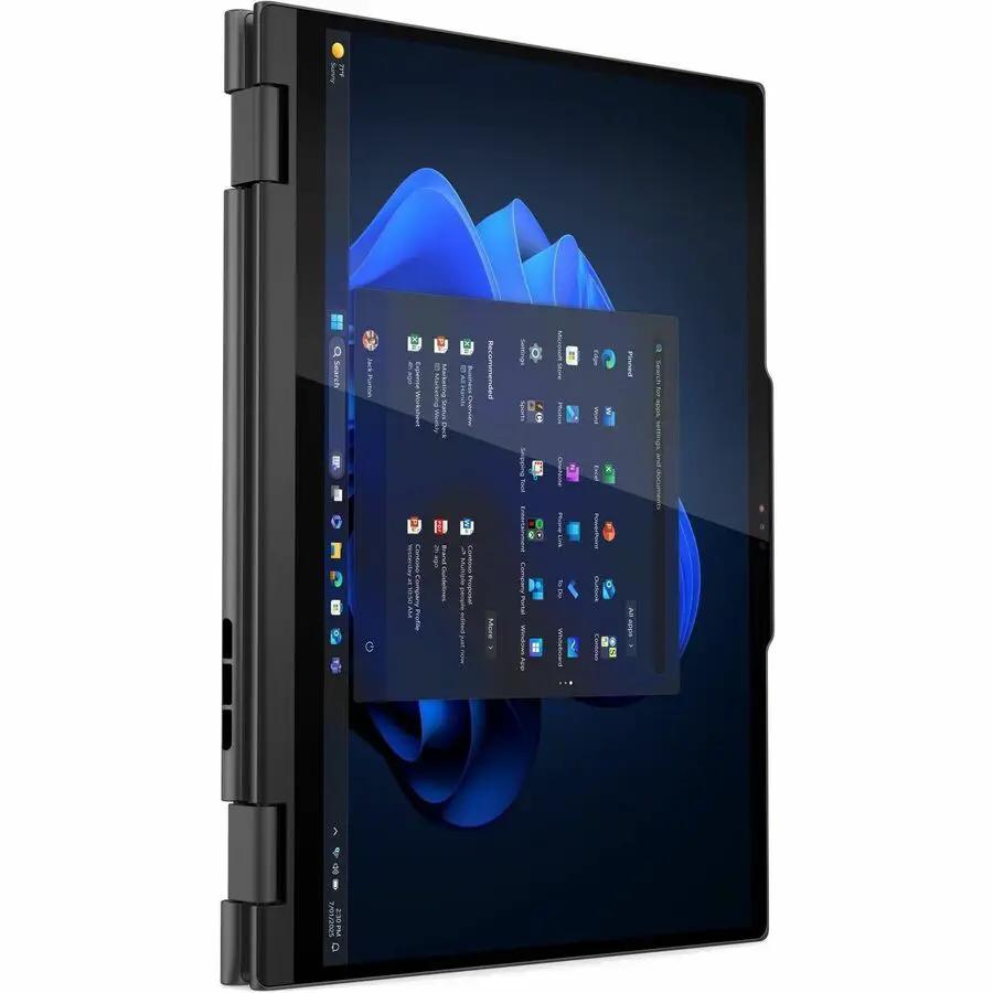 Lenovo ThinkPad T14s G1 2-in-1 laptop, black, shown in tablet/stand mode on white background.