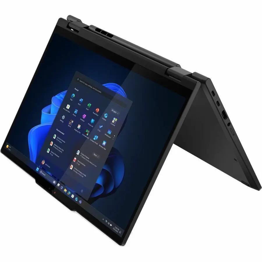 Lenovo ThinkPad T14s 2-in-1 laptop in black, tent mode with Windows on display.