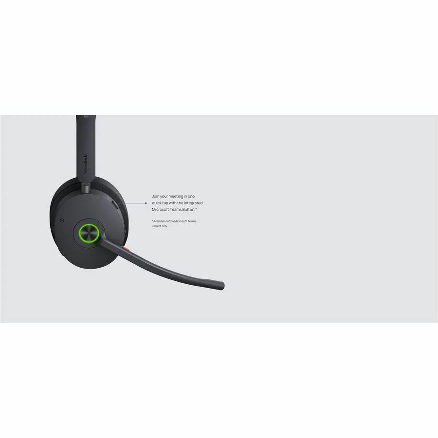 Yealink WH68 UC headset with boom mic, black over-ear design; green ring accent.