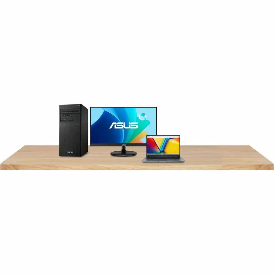ASUS VP229QF 22-inch monitor with desktop tower and laptop on a wooden desk