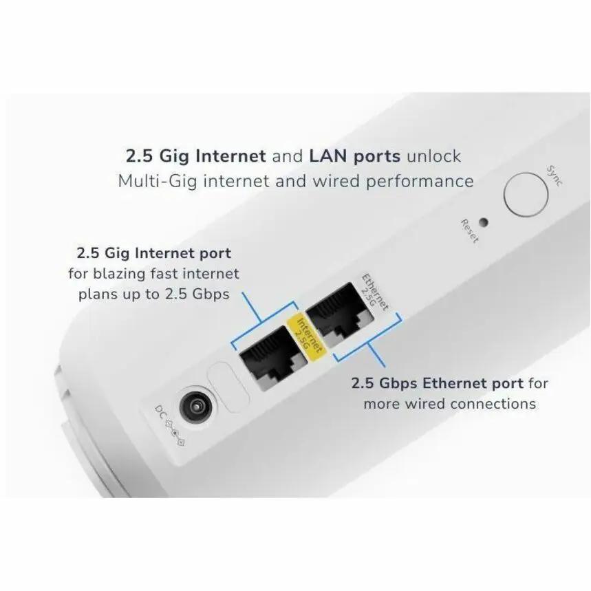 NETGEAR Orbi ORBI3 dual-band WiFi7 router back panel in white with 2.5 Gbps Internet and Ethernet ports