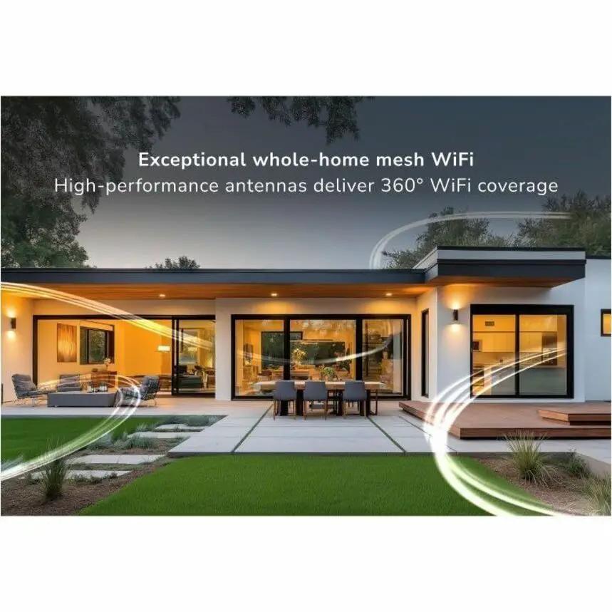 Netgear Orbi ORBI3 mesh WiFi7 router marketing image on a modern house exterior