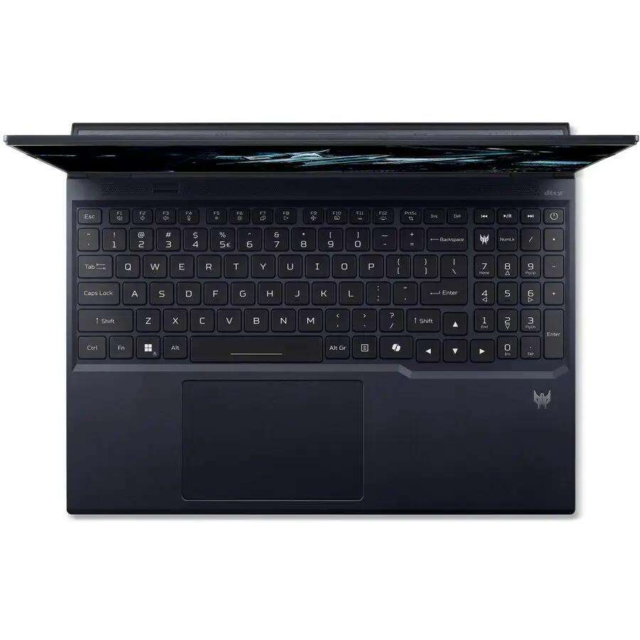 Predator Helios 16 gaming laptop by Acer, dark gray/black, top-down view of keyboard and touchpad