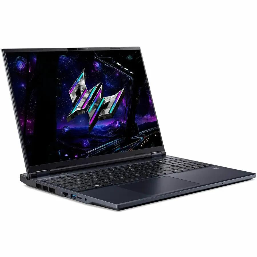 Predator Helios 16 gaming laptop, black, opened on a white background.