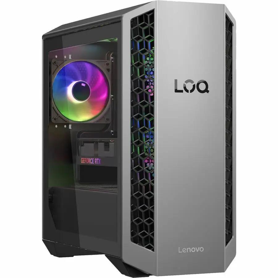 Lenovo LOQ 26ADR10 tower desktop in Luna Gray with transparent side panel and RGB-lit fan