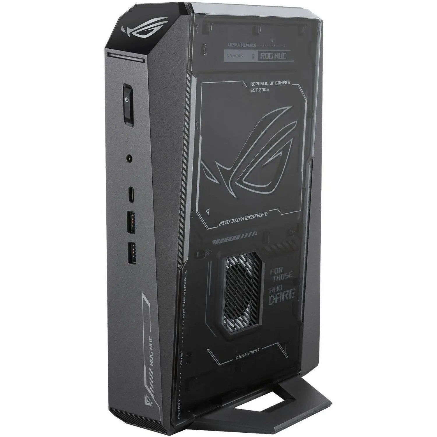 ASUS ROG NUC 2025 Mini PC in black with transparent side panel and stand