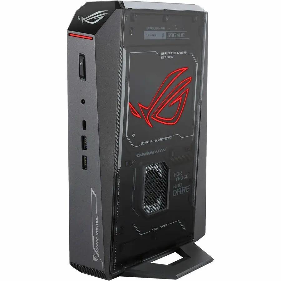 ASUS ROG NUC 2025 mini PC desktop, black with red ROG logo and transparent side panel