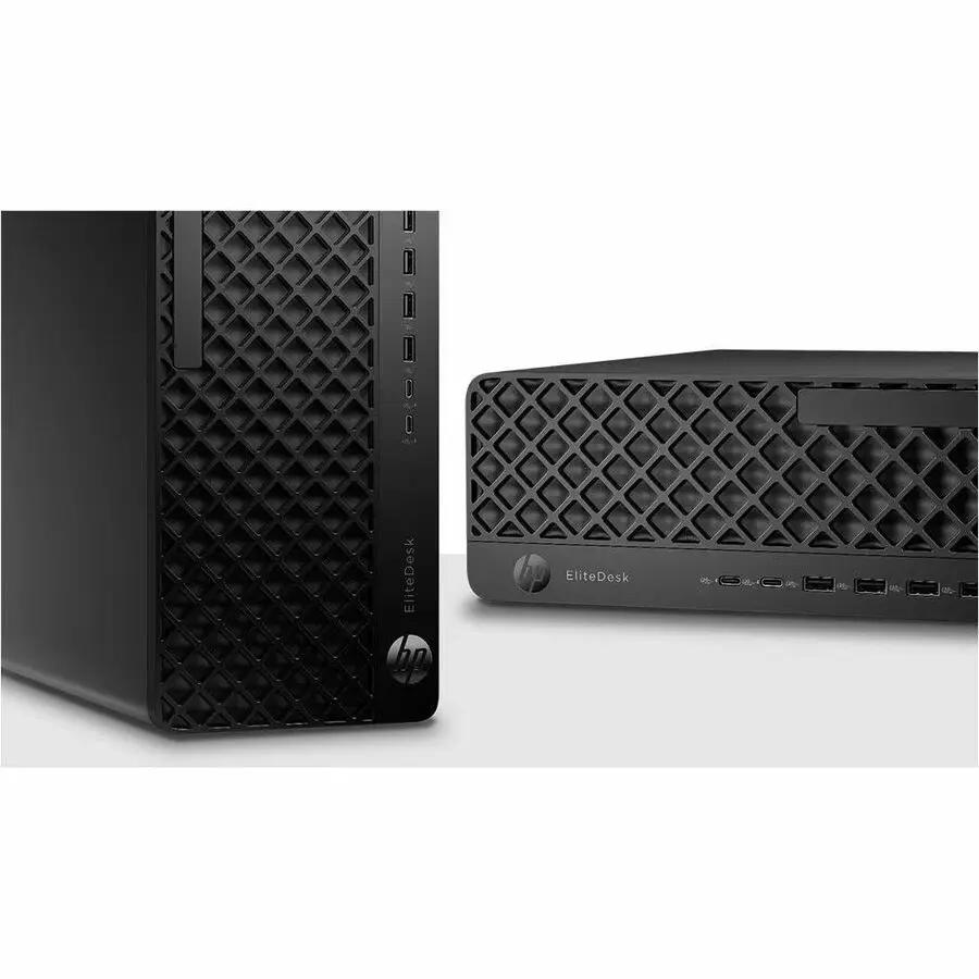 HP EliteDesk 8 G1i Tower desktop computer, black with lattice front, 2 units on white background