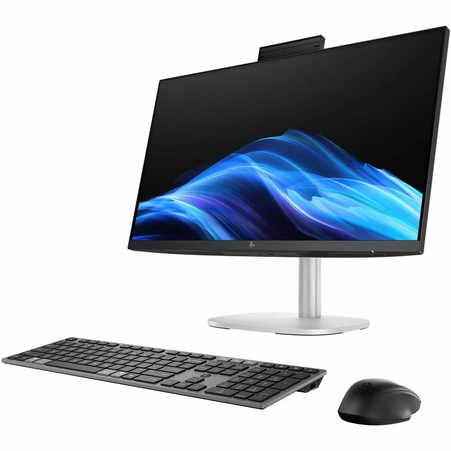 HP EliteStudio 8 AiO G1i All-in-One Desktop with stand, keyboard, and mouse in Pike Silver