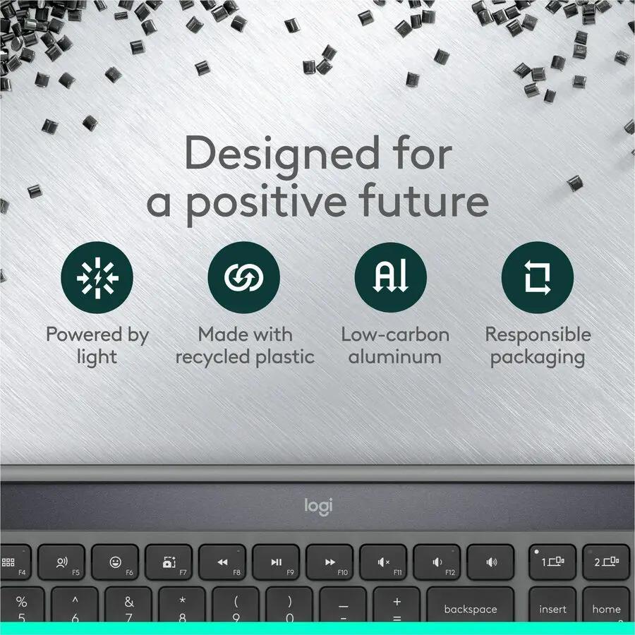 Logitech Signature Slim Solar+ wireless keyboard, solar and artificial light powered, durable battery that lasts up to 10 years, customizable keys, Bluetooth, Graphite