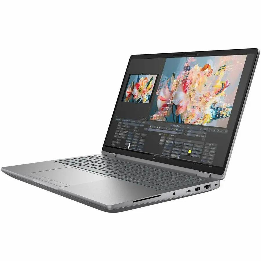 HP ZBook Fury 16 laptop in silver, open with editing software on screen