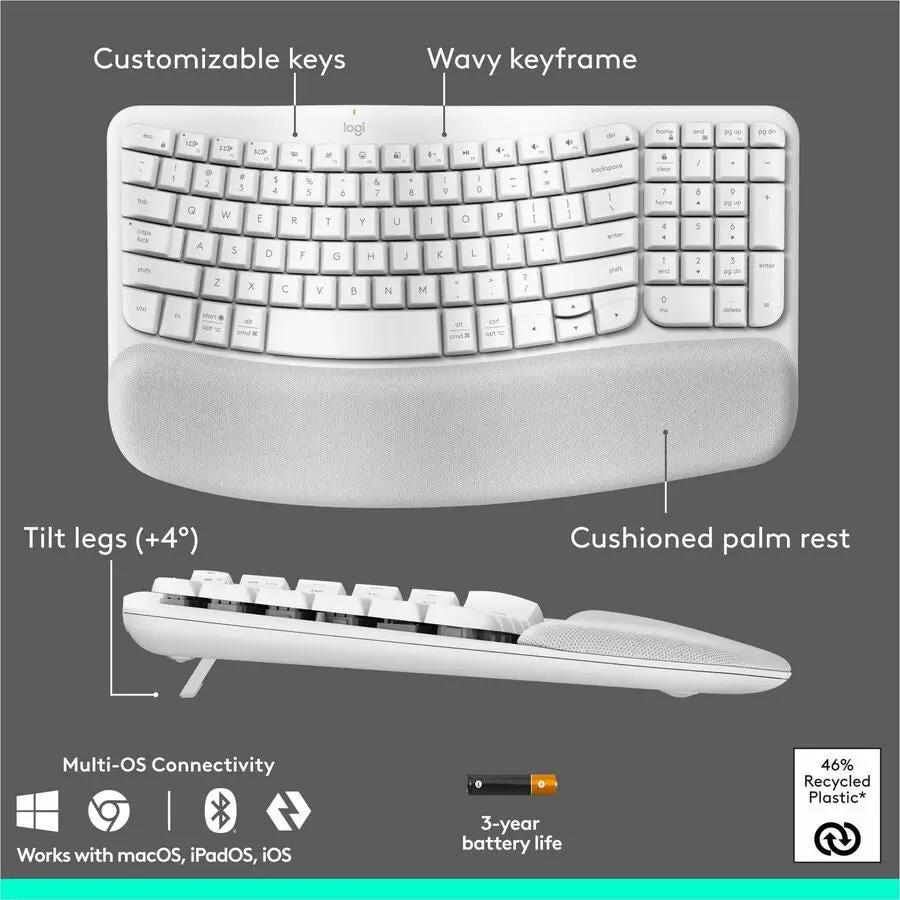 Logitech Wave Keys & Lift Vertical Mouse - Ergonomic Wireless Keyboard and Mouse Combo - with Cushioned Palm Rest (Off-white)