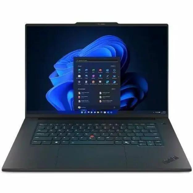 Lenovo ThinkPad P1 Gen 8 laptop, black, open with Windows start menu on screen