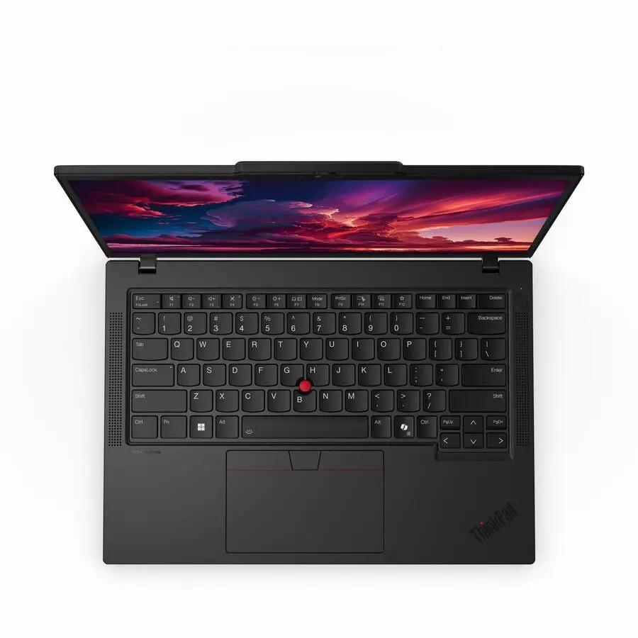 Lenovo ThinkPad P14s G6 laptop, black with red TrackPoint, top-down view.