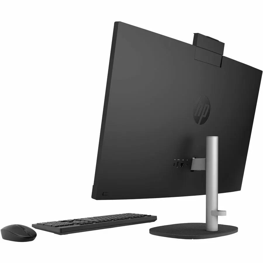 HP All-in-One 27-inch desktop with wireless keyboard and mouse; black display on silver stand