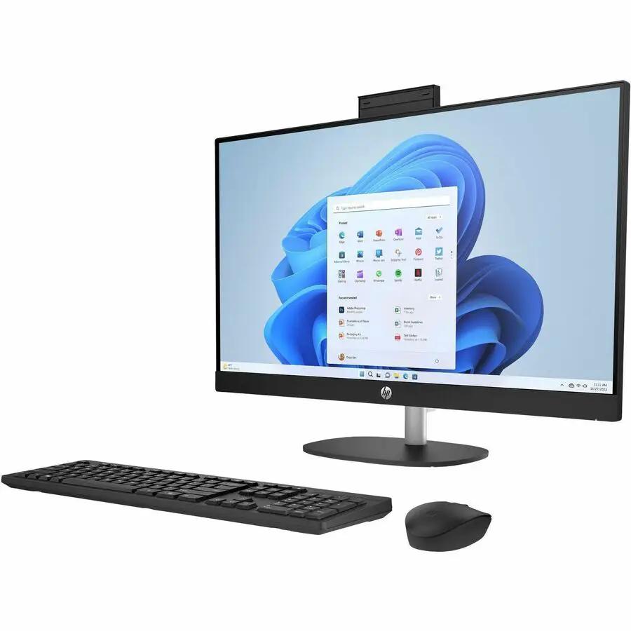 HP All-in-One 27-inch desktop with keyboard and mouse in jet-black finish.