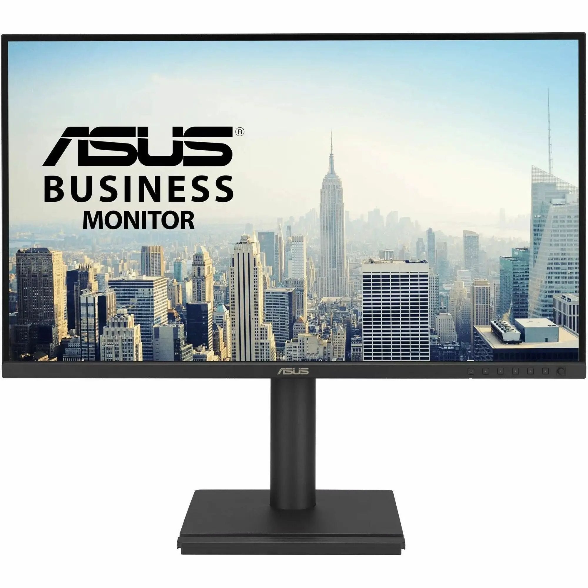 ASUS BE27AQG 27-inch WQHD IPS monitor, 120Hz, on black stand with city skyline wallpaper