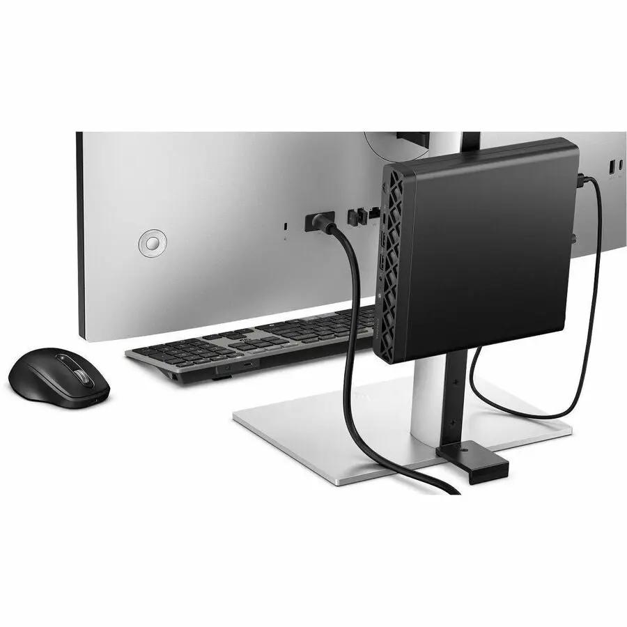 HP EliteDesk 8 Mini G1a desktop computer mounted on a monitor stand with keyboard and mouse.