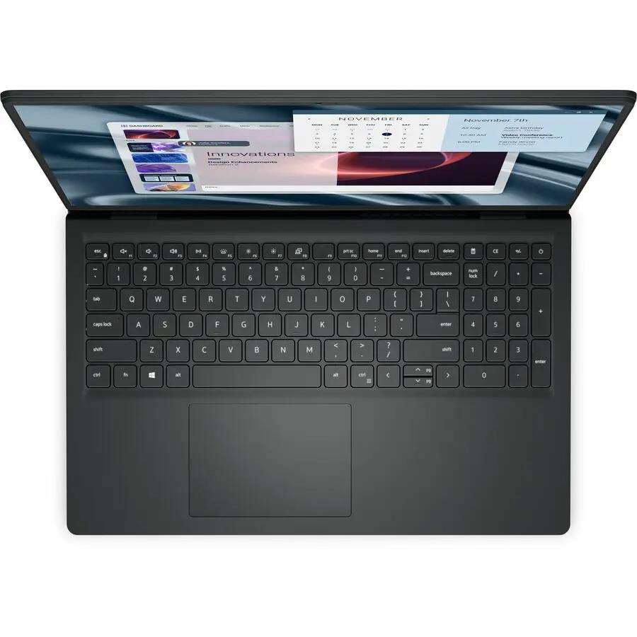 Dell Pro 15 Essential laptop, Ryzen 5 7520U, 8GB LPDDR5, 512GB NVMe, black top-down keyboard view