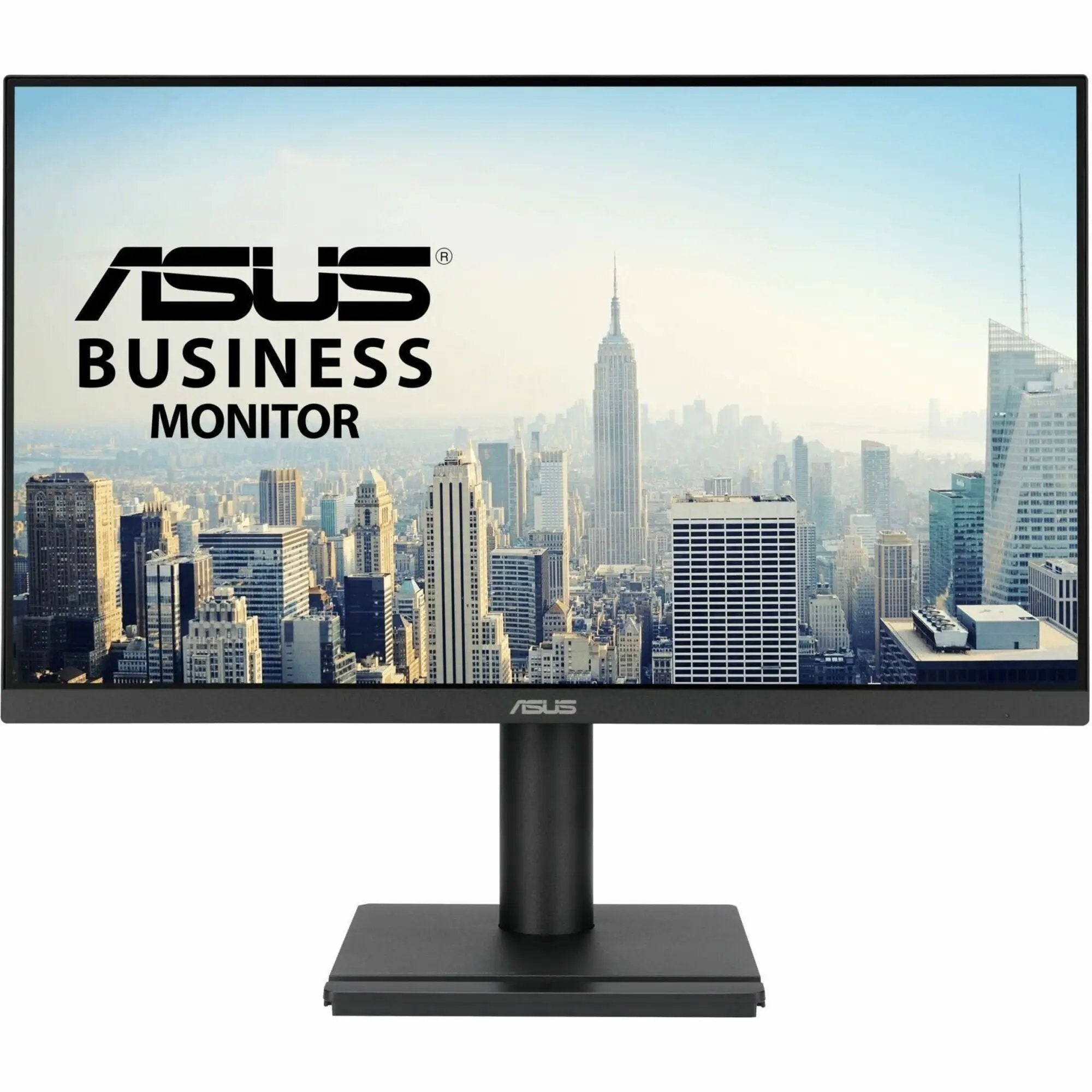 ASUS 279QGS 27-inch monitor on black stand against a city skyline background