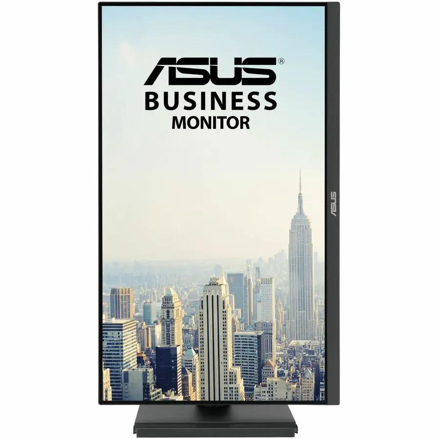 ASUS 27-inch black monitor showing city skyline on screen; ASUS logo on bezel