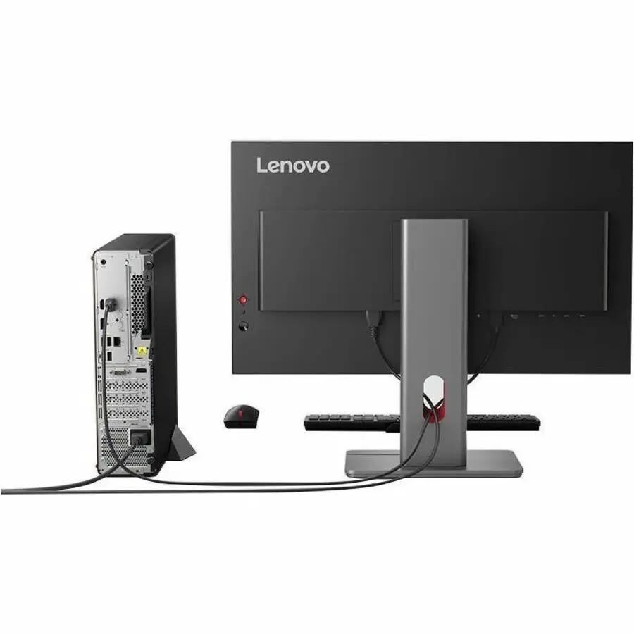 Lenovo ThinkCentre M70s Gen 6 slim desktop setup with tower, black monitor, keyboard, and mouse