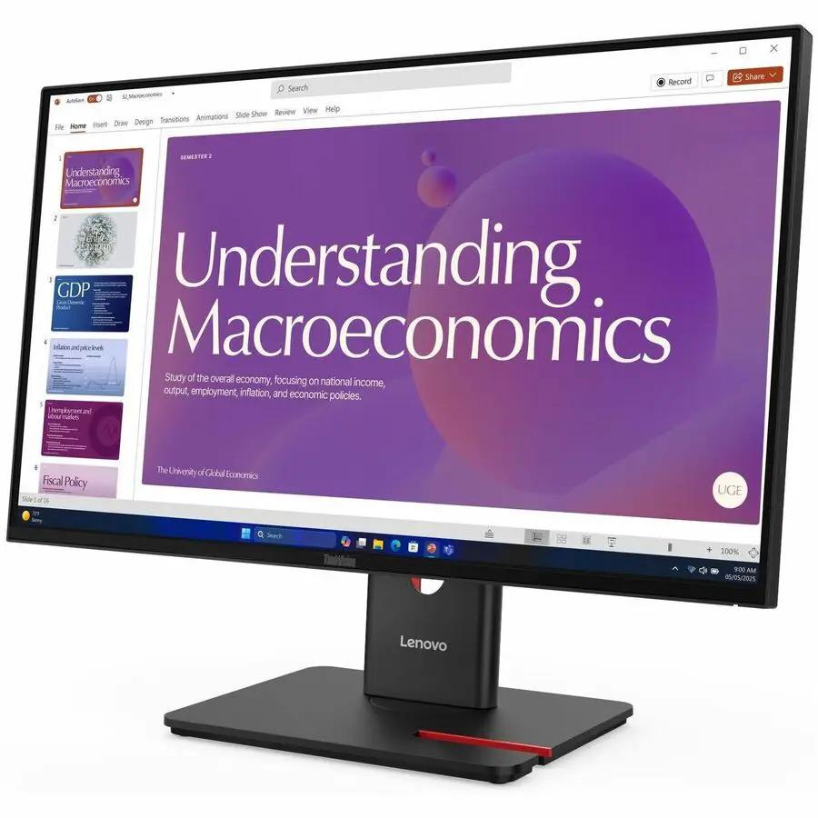 Lenovo ThinkVision T24D-40 24-inch IPS monitor on black stand, displaying a purple macroeconomics slide.