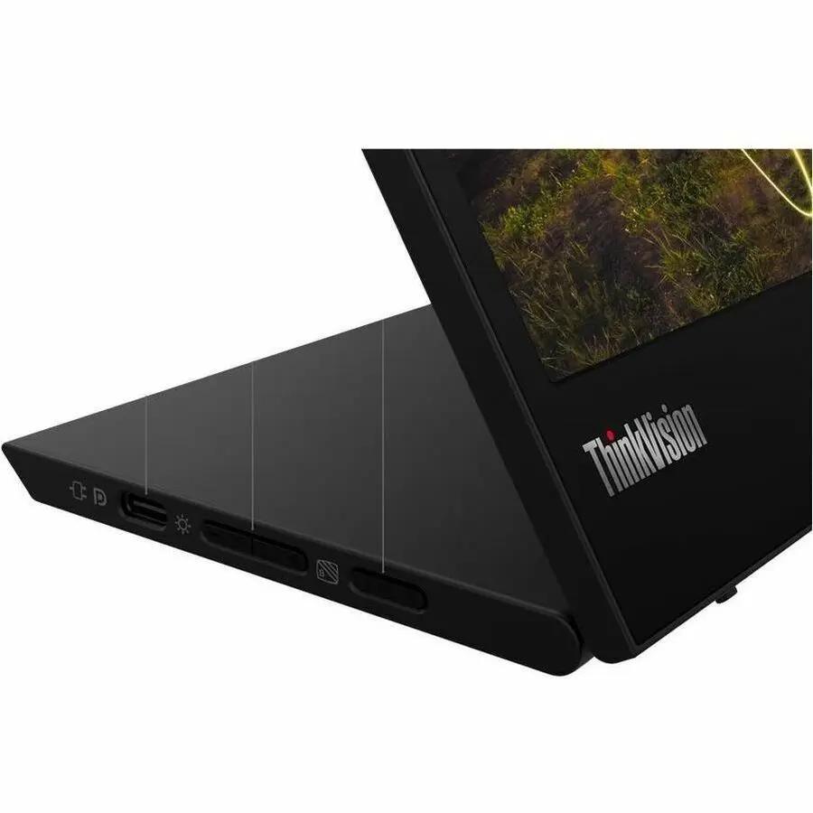 Lenovo ThinkVision M15 15.6-inch portable monitor, black, angled on its base showing side ports.