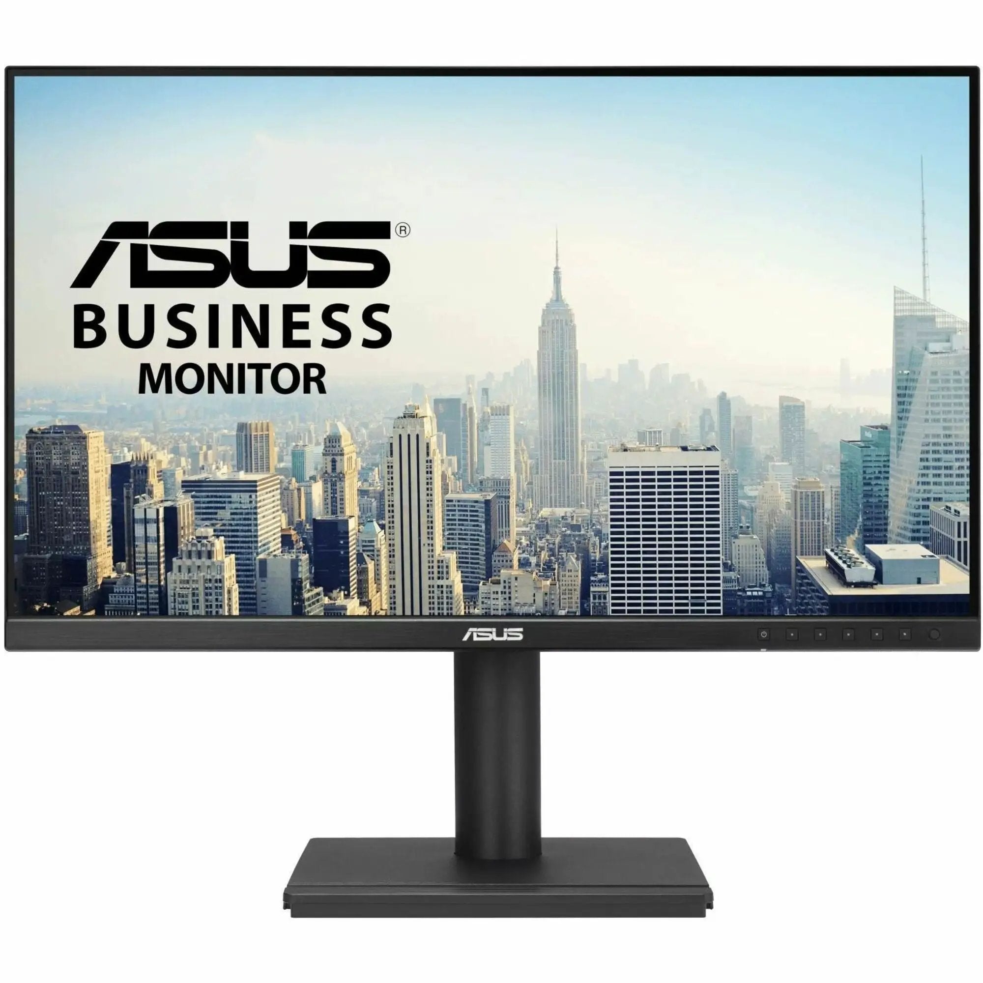 ASUS BE249CGN 24-inch monitor on black stand with cityscape wallpaper