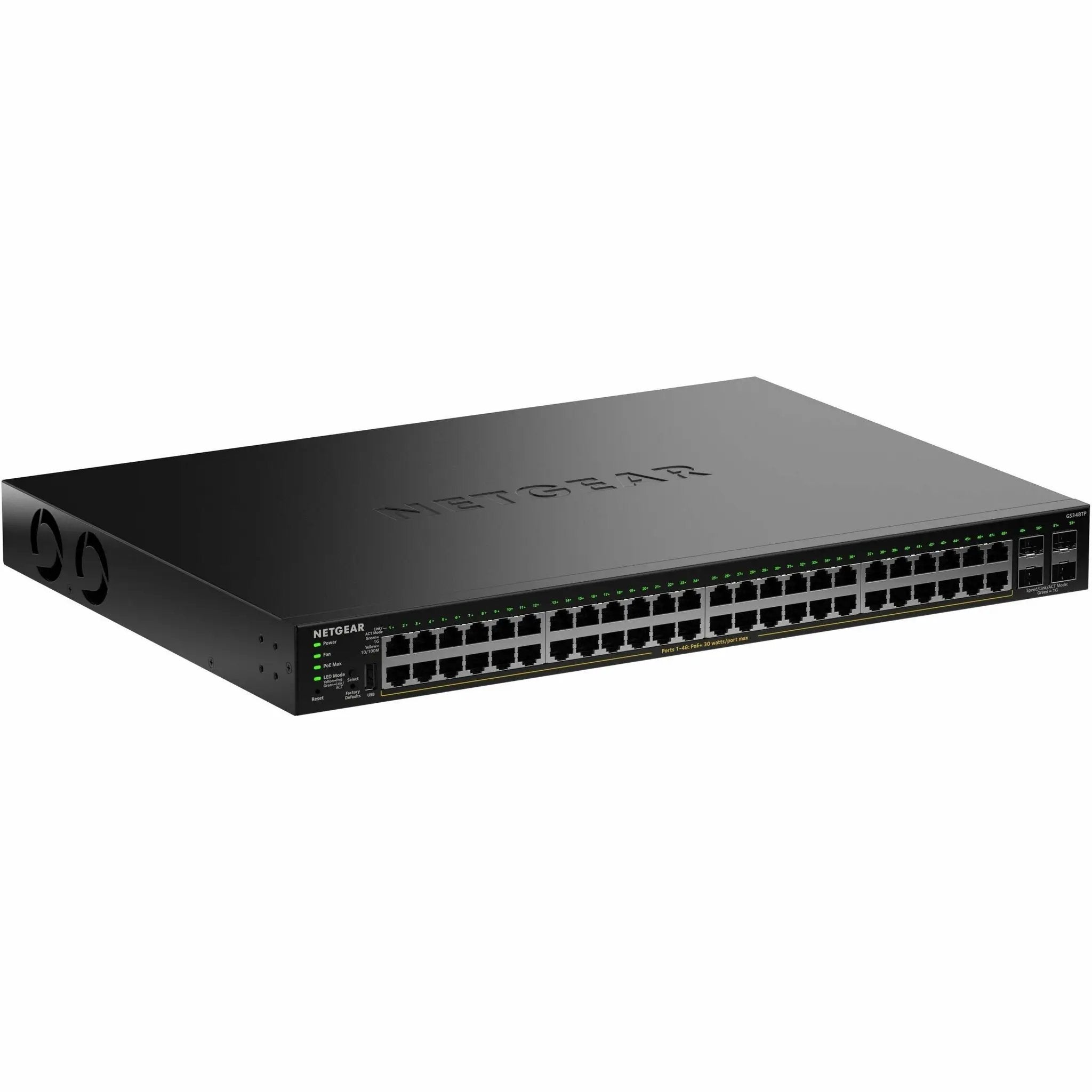 NETGEAR 48-port Gigabit PoE+ switch with front-panel LEDs