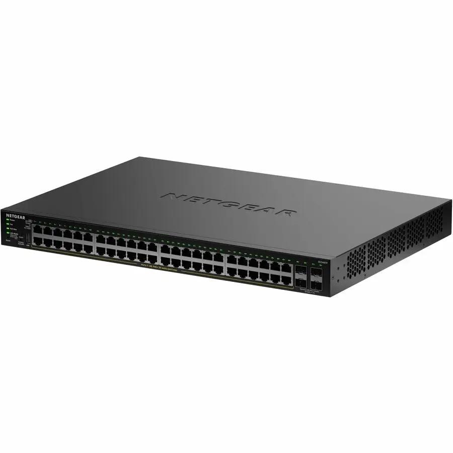 Netgear 48-port Gigabit PoE switch, front view with green LEDs