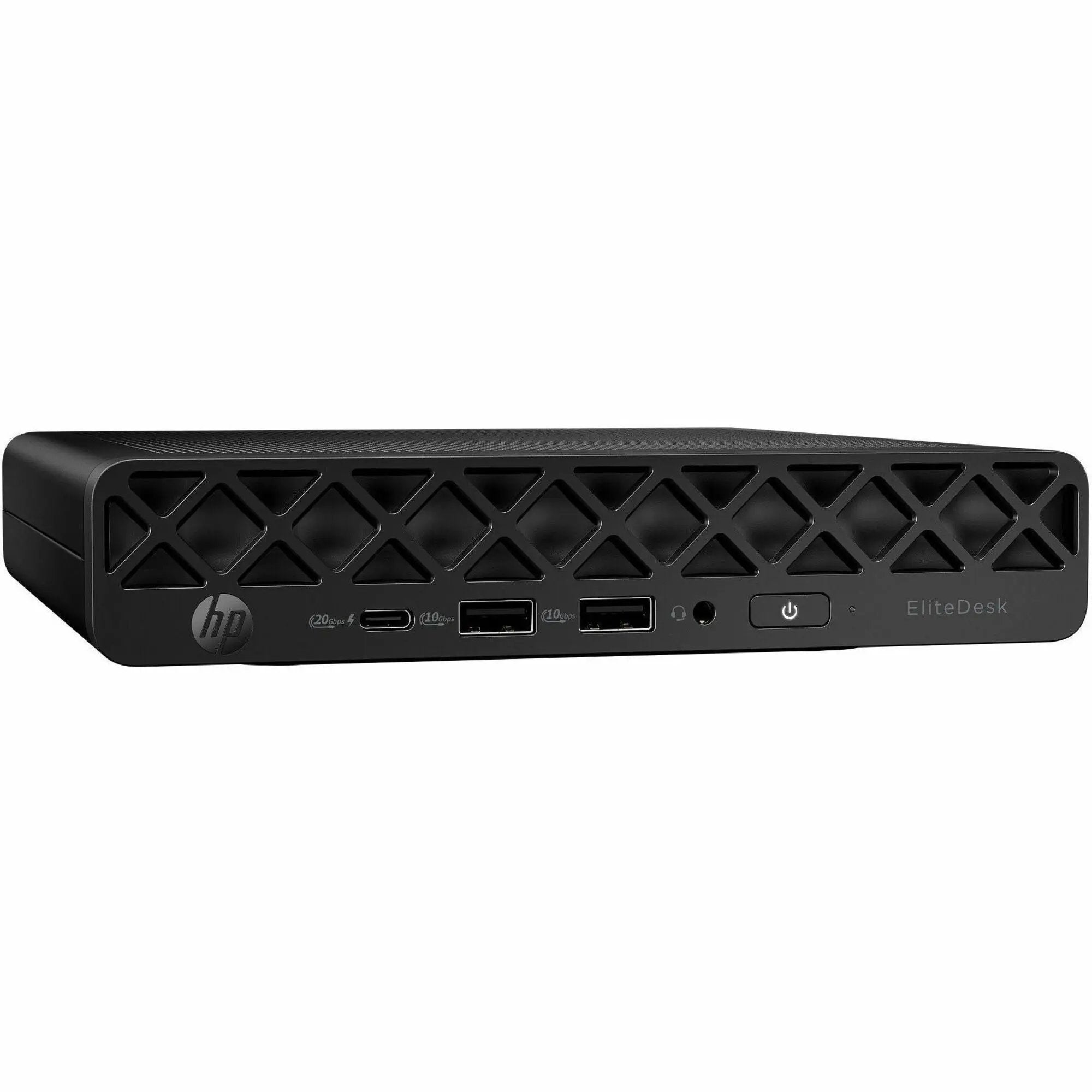 HP EliteDesk 8 G1i mini desktop front view in black with HP logo and USB ports