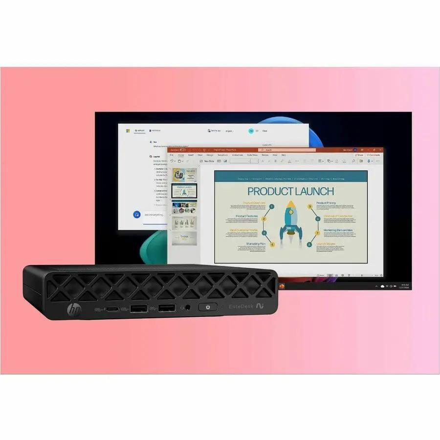 HP EliteDesk 8 G1a mini desktop computer with AMD Ryzen AI 5 340, 32GB RAM, 512GB NVMe SSD, black