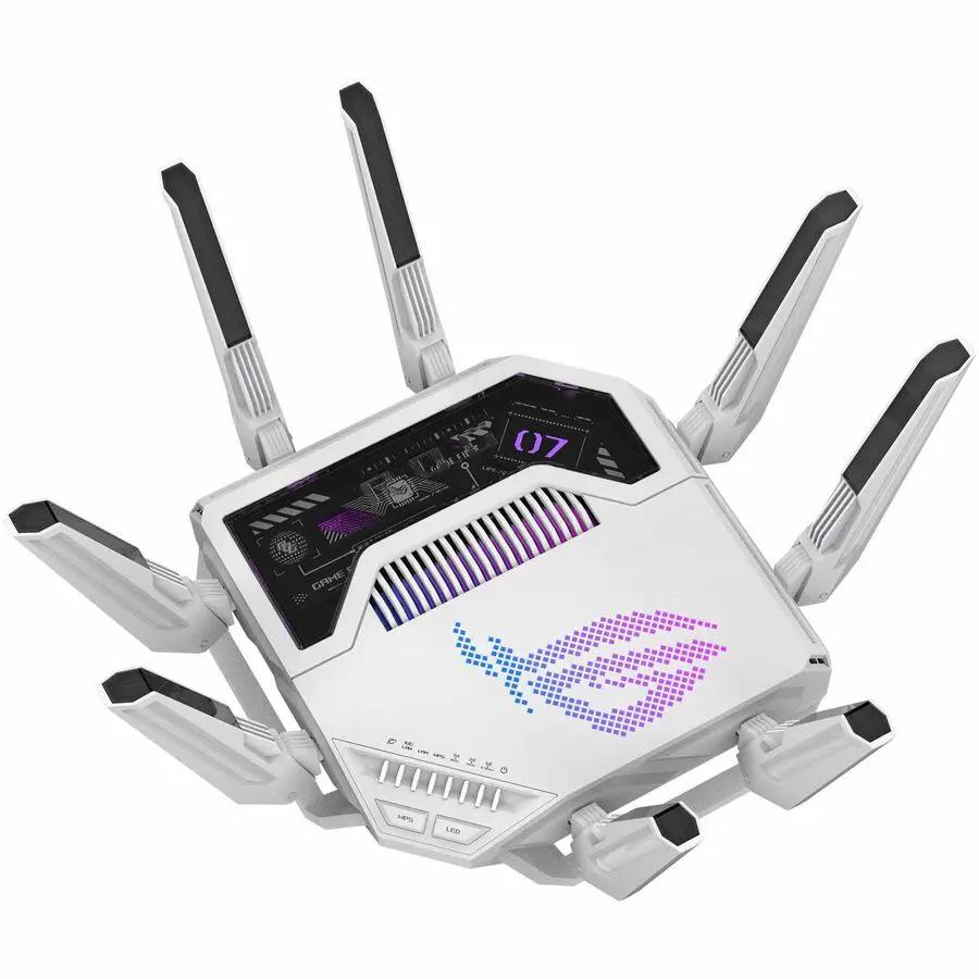 ASUS ROG GTBE19000AI gaming router; white chassis with multiple antennas and RGB LED logo